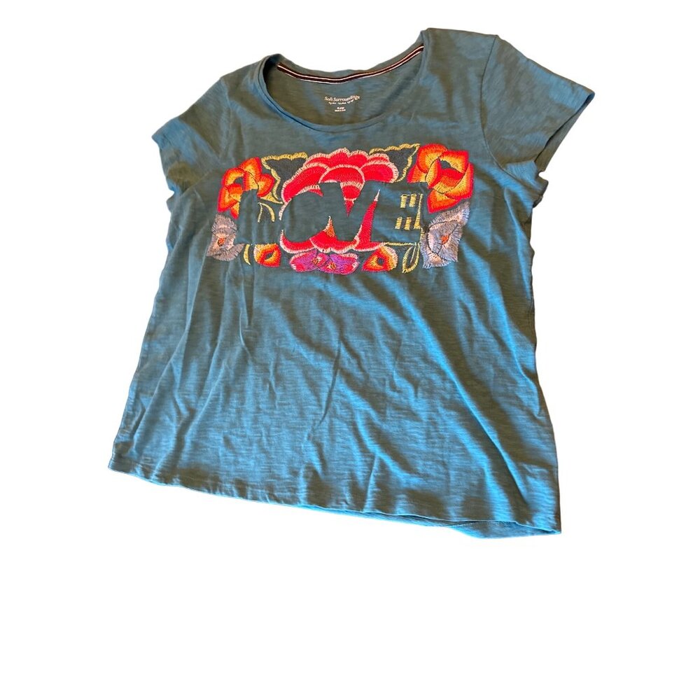 Soft Surroundings Love Tee XL Embroidered Graphic Organic Cotton Shade Spruce